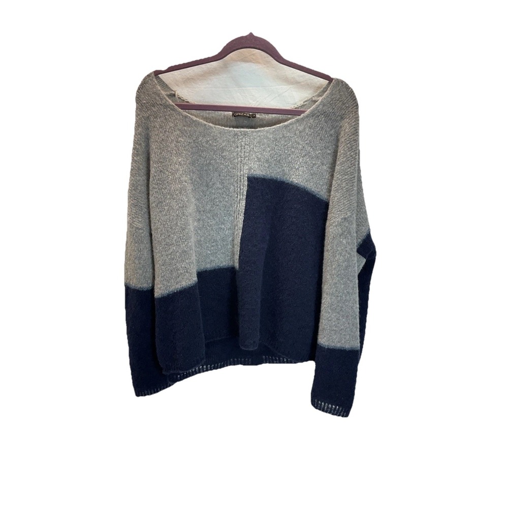 GRIZAS Oversized Boxy Lagenlook colorblock Blue Gray wool‎ blend Sweater size LG